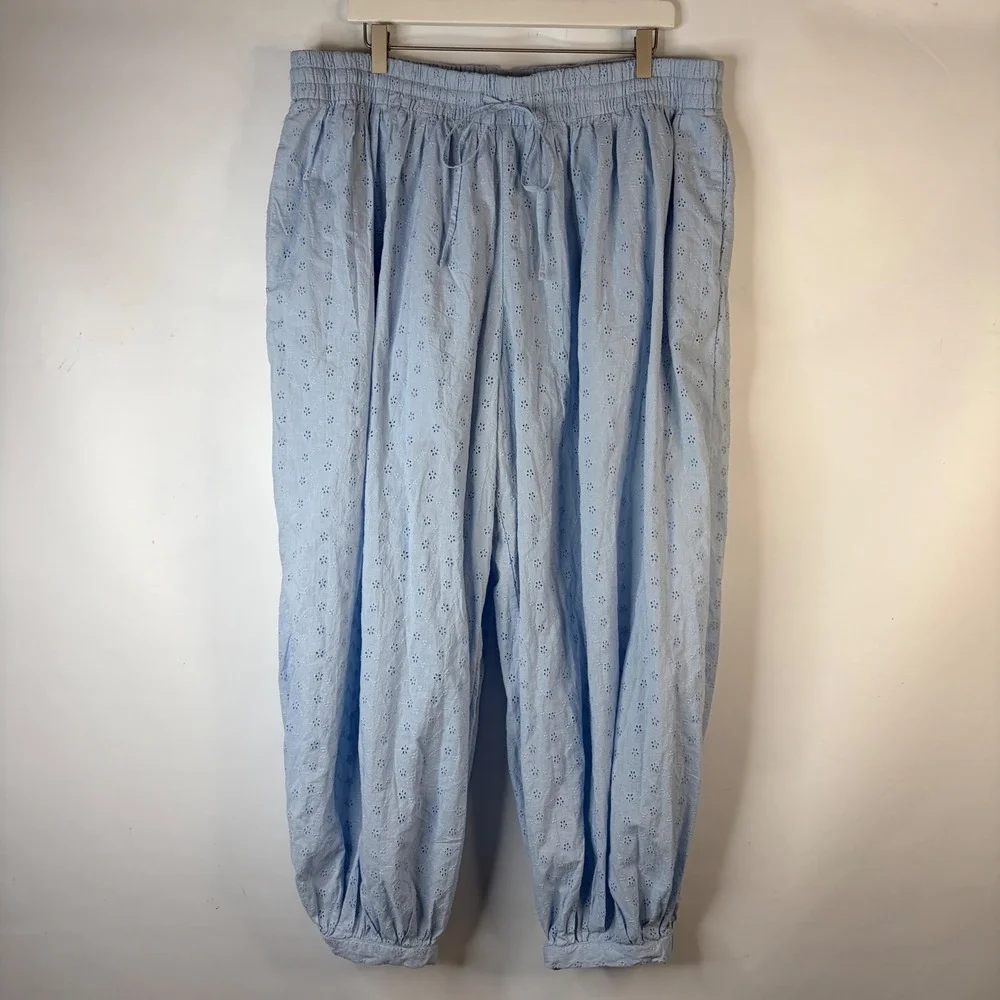 Scoop Eyelet Pants Women XXL 20 Light Blue Cotton Balloon Drawstring Boho